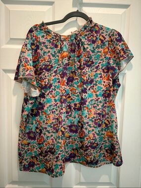 Simple Fun Floral Gathered-Neck Blouse in Teal, Purple & Orange